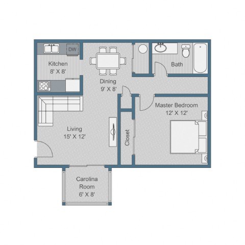 Floor plan for 1 bed, 1 bath, 777 sqft